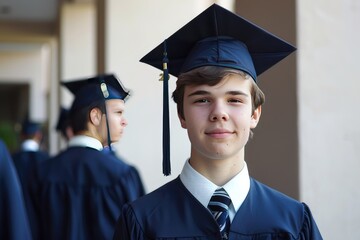 Student wearing graduation gown and graduation cap.