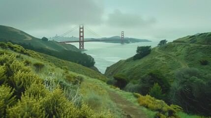 The Golden Gate Bridge during the golden hour, with the bridge glowing in the soft light and the...