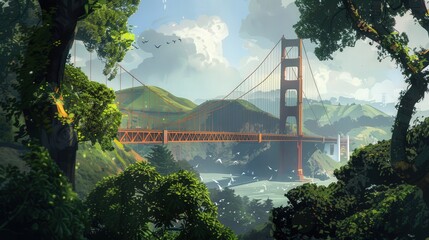 The Golden Gate Bridge during the golden hour, with the bridge glowing in the soft light and the surrounding landscape bathed in warm hues.