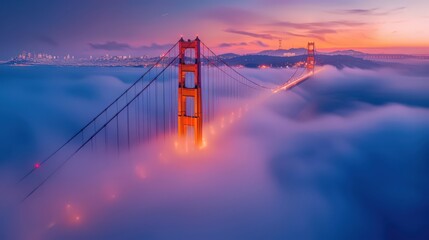 Obraz premium The Golden Gate Bridge shrouded in fog, its towering orange towers emerging from the mist, creating a mysterious and dramatic scene