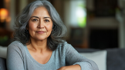 Portrait of beautiful mature Hispanic woman in cozy living room, retirement lifestyle, copy space