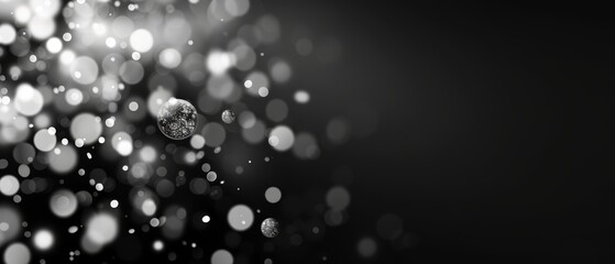  A black-and-white image of bubbles suspended in mid-air, surrounded by a hazy backdrop of additional bubbles