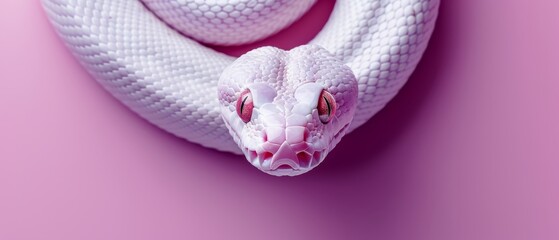 Fototapeta premium A pink snake, spotted, wraps in a white blanket on a pink background
