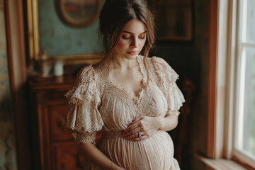 A maternity shoot in a vintage-style room, with the mother-to-be wearing a classic, elegant dress.