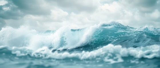 Fototapeta premium A large wave painting in the ocean, cloudy sky background, with scattered clouds