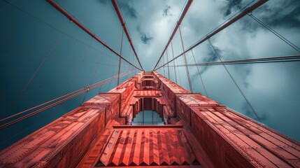 The Golden Gate Bridge with a clear view of the suspension cables, capturing the intricate details and engineering of this iconic landmark
