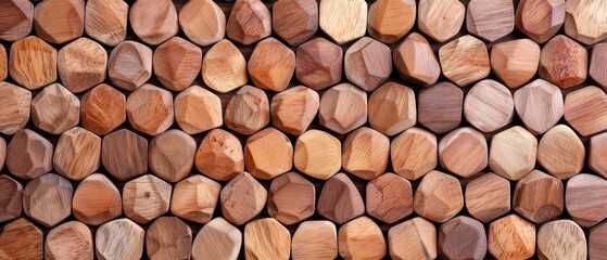  A pile of wood pieces arranged on a wooden surface, with smaller pieces placed atop each larger one, forming a consistent pattern