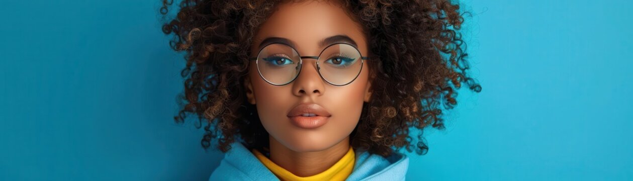A young woman with curly hair wearing glasses poses confidently against a vibrant blue background, showcasing her unique style.