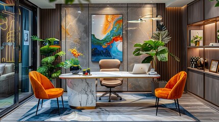 Obraz premium A stylish boutique office with unique decor, designer furniture including a marble desk and plush chairs, elegant lighting, contemporary artwork, and a warm, cozy ambiance,