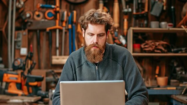 Using a laptop, a young man with a beard is working online while leaning over a workbench in his spacious workshop filled with carpentry supplies.