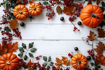 Autumn Decor Flat Lay: Pumpkins, Berries, and Leaves for Thanksgiving and Halloween