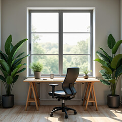 Plants by window and desk in office.