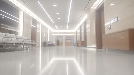 Obraz premium Blurred background of a modern hospital's interior, featuring a long, empty corridor. The waiting area for patients and families is situated along the corridor, illuminated by bright white lights.