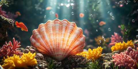 Sunlit Seashell Among Colorful Coral & Fish in Underwater Scene &ndash; Vibrant Marine Life & Ocean Depths Background Wallpaper

