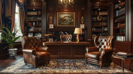 A traditional office space with dark wood furniture, leather chairs, and elegant decor, including a large mahogany desk, ornate bookshelves, and classic artwork,