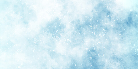 A winter background with snowflakes and randomized floating bokeh, blue snow background with clouds, light blue bokeh background for design, beautiful blue watercolor background with glitter particle.