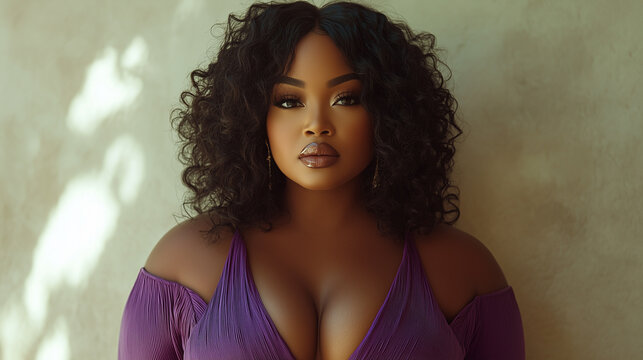 A beautiful plus-size woman with curly hair and a warm olive complexion wears a sleek purple dress, full height standing on a light cream background with subtle shadows