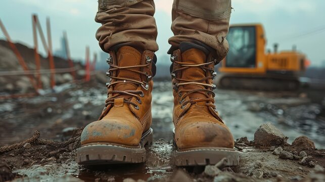 Close-up of durable work boots standing on a construction site, showcasing safety and practicality in industrial environments.