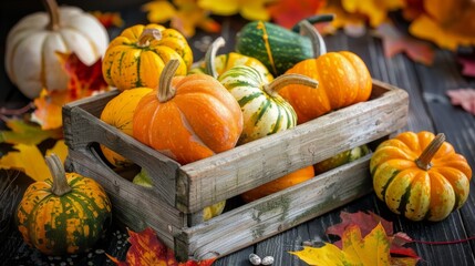 Assorted pumpkins and gourds in a rustic wooden box with autumn leaves on a dark wooden background