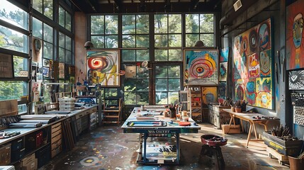 Obraz premium A vibrant artistic studio with colorful walls, inspirational paintings, and a variety of creative tools and supplies, featuring a large worktable cluttered with art materials,