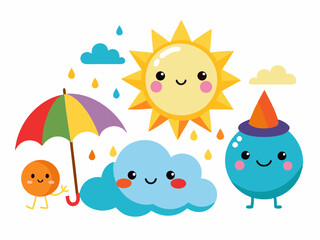 Cute weather characters. Cartoon funny season forecast emotion elements. Kids sun, happy rainbow, snowy cloud in hat, rain with umbrella on white background. Vector icons
