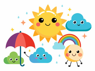 Cute sun. Hand drawn doodle yellow summer suns. Vector icons with sun rays isolated on white background
