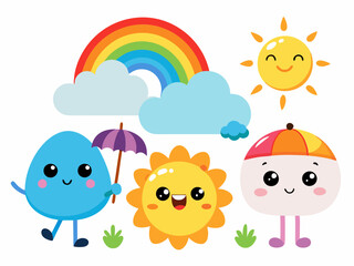 Cute weather characters. Cartoon funny season forecast emotion elements. Kids sun, happy rainbow, snowy cloud in hat, rain with umbrella on white background. Vector icons
