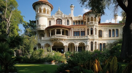 The grandeur of a palace tower with ornate balconies and turrets, surrounded by lush gardens and historical grandeur