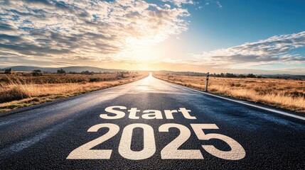 The words "Start 2025" on a road leading into a bright sunny horizon, capturing the essence of new year resolutions and fresh starts.