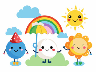 Cute weather characters. Cartoon funny season forecast emotion elements. Kids sun, happy rainbow, snowy cloud in hat, rain with umbrella on white background. Vector icons
