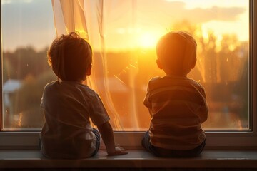 two boys looking out the window at sunset. the children sitting on the windowsill. Copy space for your text, Generative AI