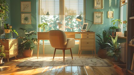 A warm and inviting home office with a comfy chair, a wooden desk, personal touches like framed photos and plants, large windows allowing in plenty of natural light, and a soft, homey feel,