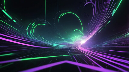 3D Render of Futuristic Neon Background with Twisting Helix of Neon Green and Violet Lines in a Dark, Misty Digital Landscape, Evoking a Mysterious High-Tech Matrix
