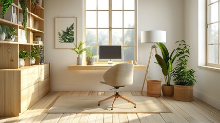 Fototapeta premium An airy Scandinavian office with light wood elements, white walls, and minimalist decor, featuring a sleek desk, comfortable chair, and modern storage solutions, large windows allowing natural light,