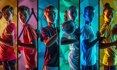 Collage. Children, boys and girls training, practicing different kind of sports over multicolored background in neon light.genearive ai, Generative AI