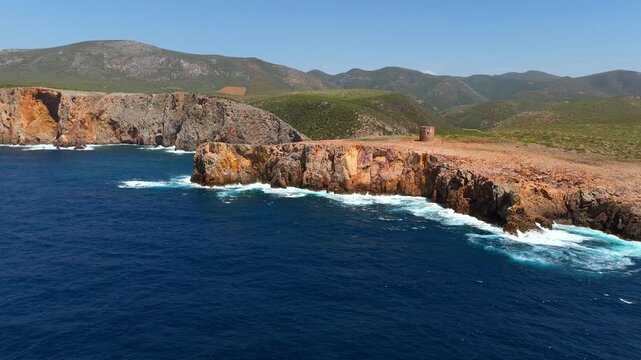 Aerial view on Cala Domestica Beach and landscape around. Sardinia, Italy