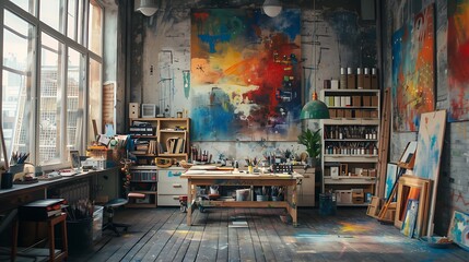 Obraz premium An artistic studio space with colorful walls, inspirational paintings, and a variety of creative tools, featuring a large worktable cluttered with art supplies,