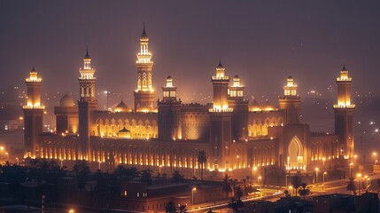 with a clear night sky, illuminated by soft lights that highlight its majestic minarets and grand architecture