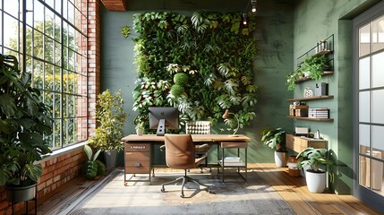 Fototapeta premium An eco-friendly office space with sustainable furniture, indoor plants, and eco-conscious materials, including a bamboo desk, ergonomic chair, and decor made from recycled items,