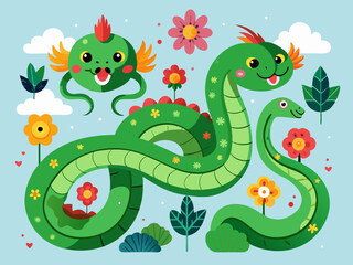 Obraz premium Chinese green snakes. Asian festival symbols. Cartoon cute snake with flowers and clouds. Zodiac horoscope animals. Happy character reptile in various poses. Vector set 