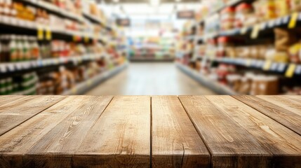 Fototapeta premium Wooden table in sharp focus with the soft blur of a grocery store aisle in the background, perfect for food or product presentations.