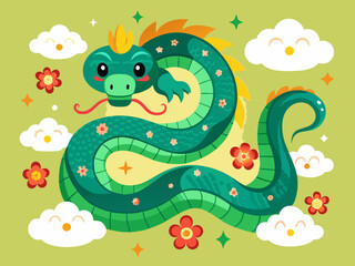 Chinese green snakes. Asian festival symbols. Cartoon cute snake with flowers and clouds. Zodiac horoscope animals. Happy character reptile in various poses. Vector set
