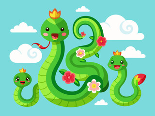 Chinese green snakes. Asian festival symbols. Cartoon cute snake with flowers and clouds. Zodiac horoscope animals. Happy character reptile in various poses. Vector set
