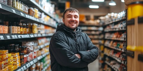 Happy shopkeeper with Down syndrome standing in a grocery store, Generative AI