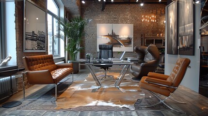 An elegant boutique office with unique decor, designer furniture including a glass desk and leather chairs, contemporary artwork, warm lighting, and a cozy ambiance,