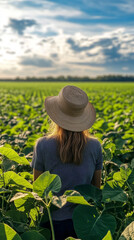 A proud female farmer stands in a vibrant green soybean