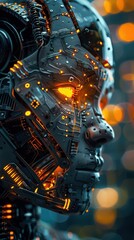Fototapeta premium Futuristic robotic face with glowing elements, showcasing advanced technology and cybernetic design. Ideal for sci-fi concepts.