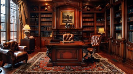 An elegant home office with a large mahogany desk, plush leather chair, tasteful decor such as framed artwork and antique bookshelves, warm ambient lighting,