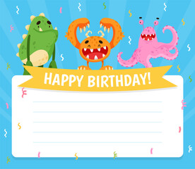 Happy Birthday Card with Funny Monster Character and Mutant with Friendly Face Vector Template