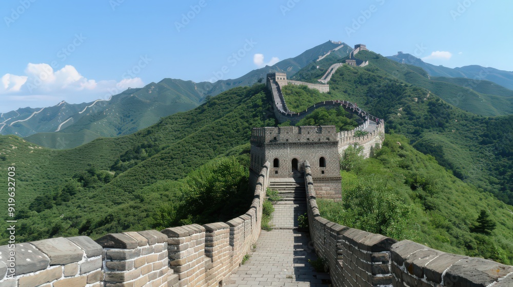 Wall mural the great wall of china during a clear, sunny day, with its ancient stones and watchtowers prominent